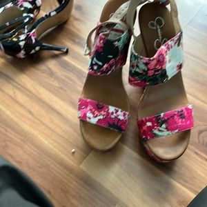 Jessica Simpson Floral Pink Black Wedge Sandals